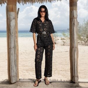 Miss June Paris Mira Black Eyelet Short-Sleeve Shirt & Sorbet Pant Set